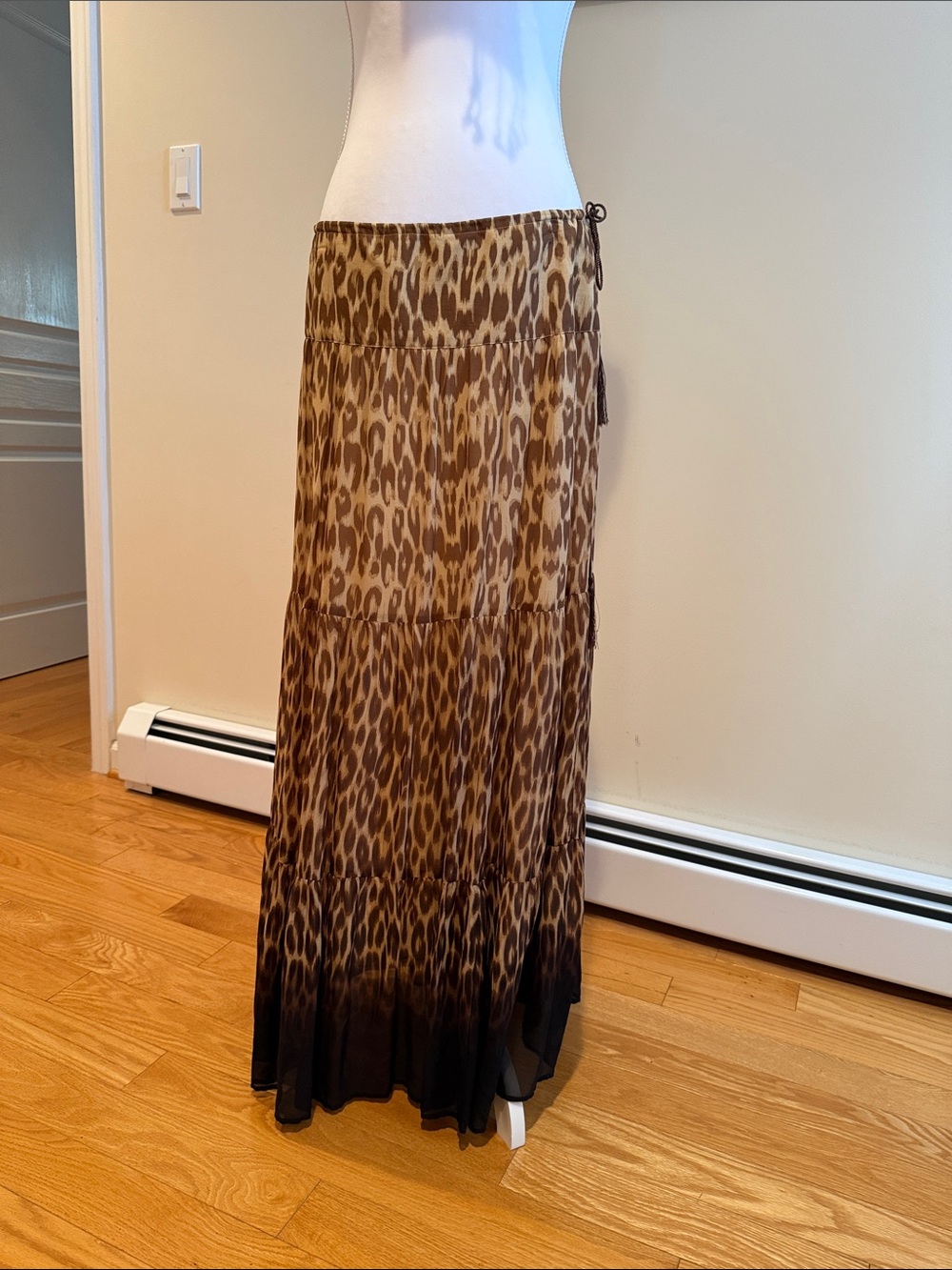 Cache Silk Leopard-Print Maxi Skirt in Brown and Black Ombre ,hidden zipper